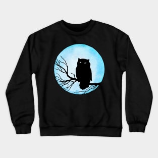 Scary Vintage Owl and Silver Blue Watercolor Moon Crewneck Sweatshirt